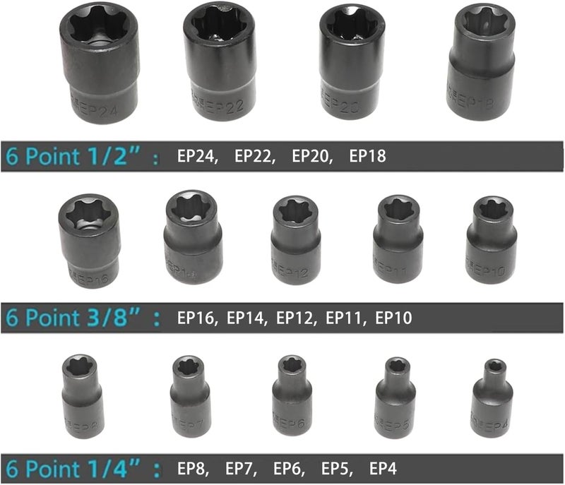 DPTOOL مجموعة مفاتيح توكس بلس الخارجية 6 نقاط EP Socket EP4، EP5، EP6، EP7، EP8، EP10، EP11، EP12، EP14، EP16، EP18، EP20، EP22، EP24 مع 1/2'' 3/8'' 1/4'' د. توكس بلس 14 قطعة - Image 3